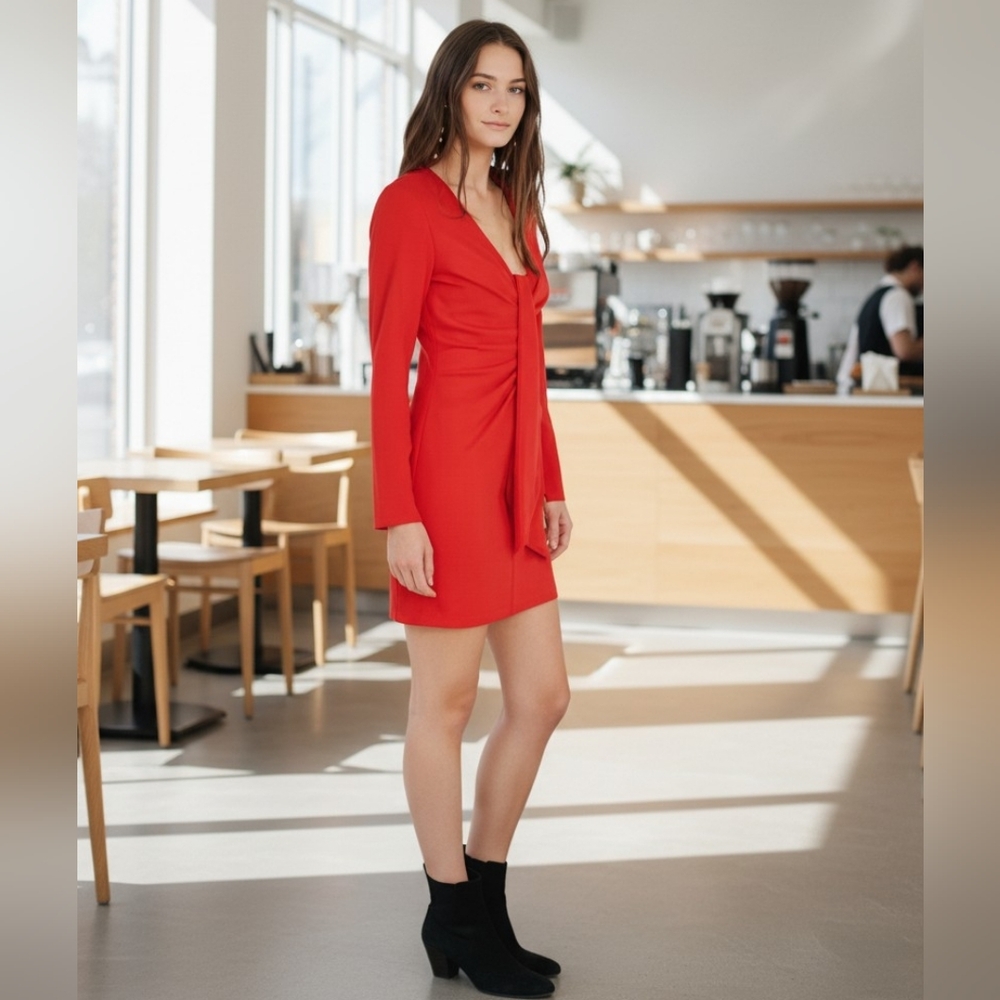 INC. Womens Sheath Drape Tie Long Sleeve Dress Mini Holiday Red